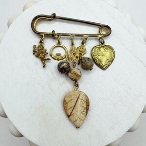 Vintage Victorian Revival Charm Safety Pin Heart Claddagh Cherub Jasper Stone